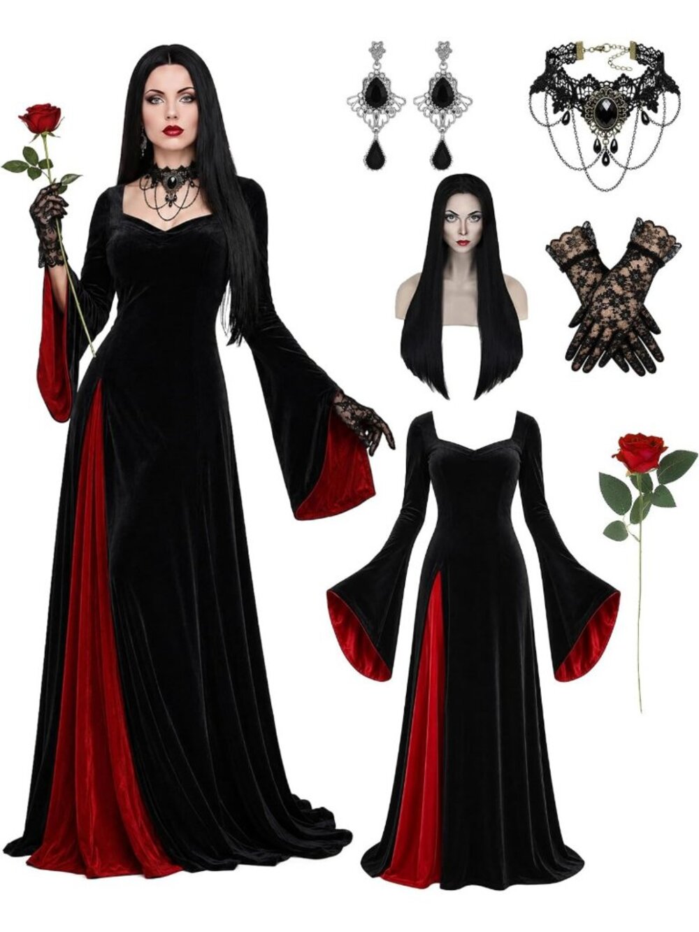 Gothic Velvet Morticia Addams Costume Dress for Women - Halloween Cosplay Outfit